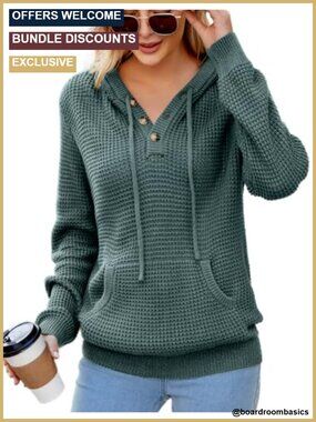 Womens V-Neck Hooded Sweater Waffle Knit Pullover with Pocket
